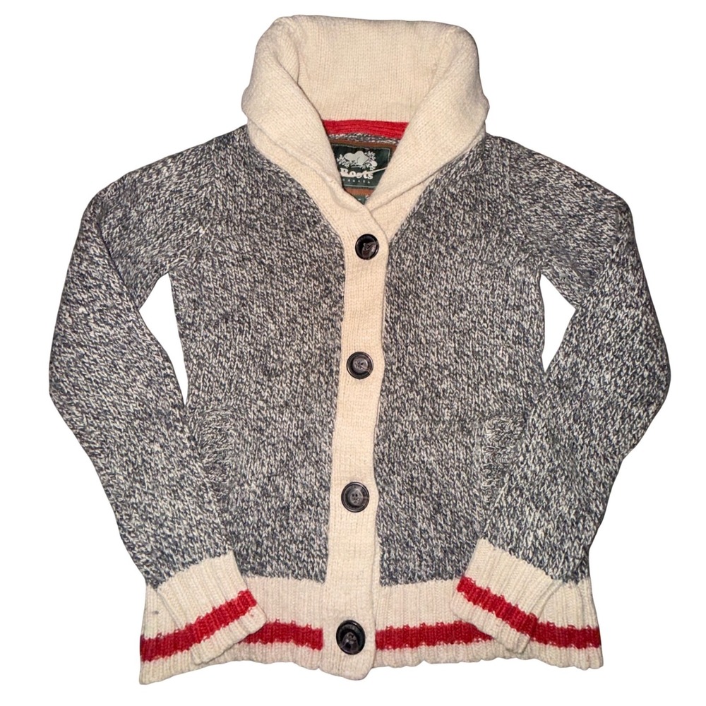 Roots Cardigan Shawl Collar Wool Blend Cabin Gorpcore Heritage XS Grey Cream